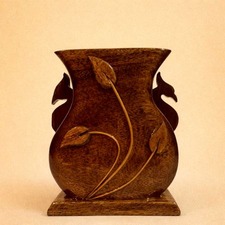 Handmade Wood Vase Pen Pot with Leaf Design